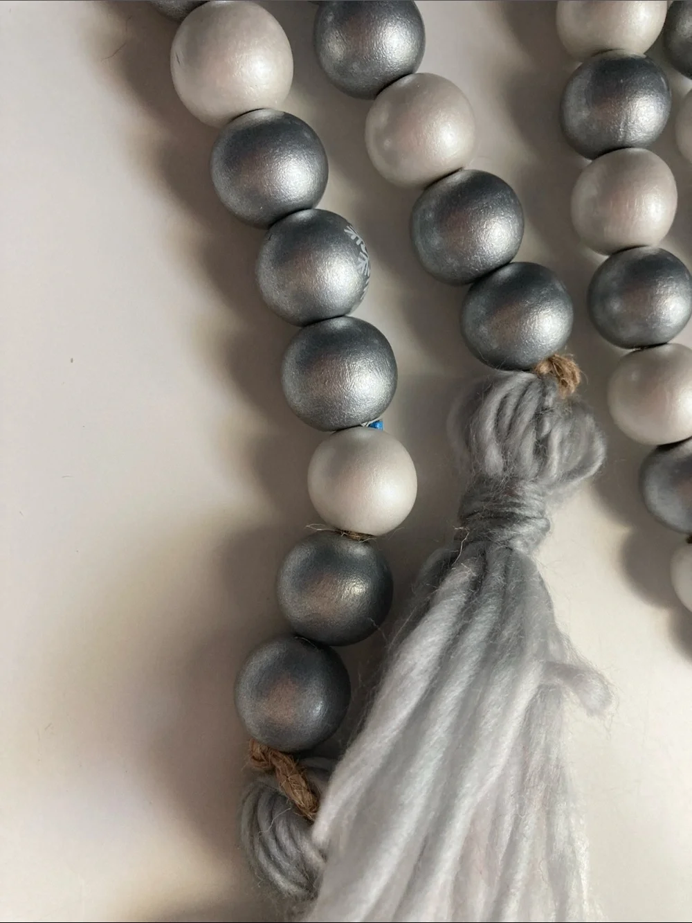 Handmade Farmhouse wooden Beads Garland Set of 3 Silver White Tassels